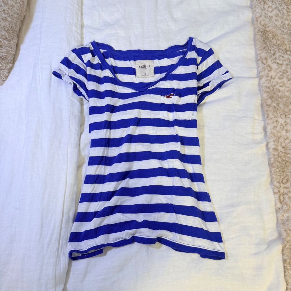Hollister Blue White Striped V-Neck Pocket Tee Shirt Women Medium Nautical Slim